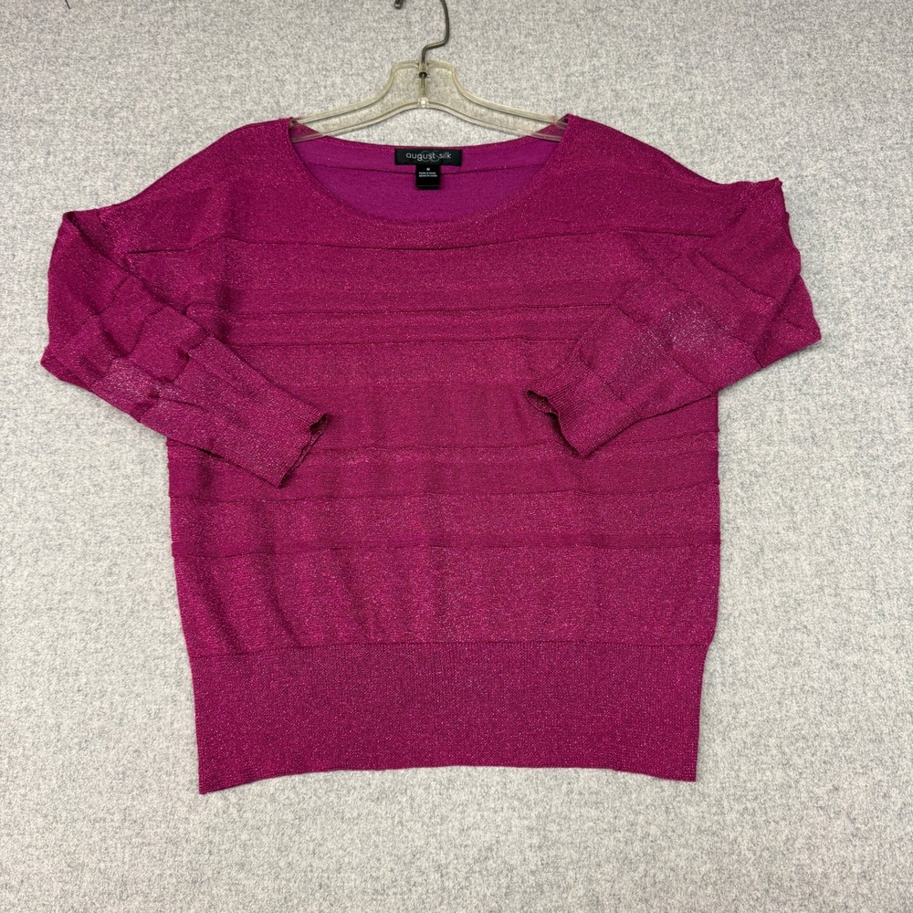 August Silk Knit Top Size Medium Magenta Pink Shimmer Metallic Ribbed 3/4 Sleeve